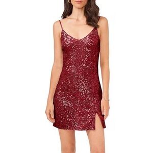1. STATE NWT Sleeveless V-Neck Sequin Mini Slip Dress SZ 4 burgundy